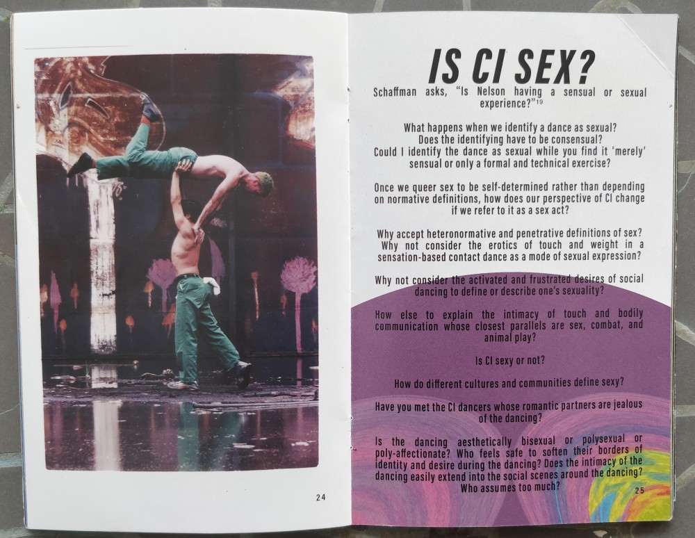 Is Ci Sex, Questioning Contact Improvisation, double page 24-25 | Keith Hennessy, Is Ci Sex, Questioning Contact Improvisation, Circo Zero, San Francisco, double page 24-25.